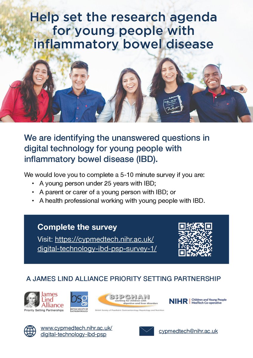 We're working with the <a href="/LindAlliance/">James Lind Alliance</a> to find out what areas of digital technology for young people with Crohn's and Colitis need more research. If you're under 25 and live with the conditions, or support someone who does, then take the survey here: cypmedtech.nihr.ac.uk/digital-techno…