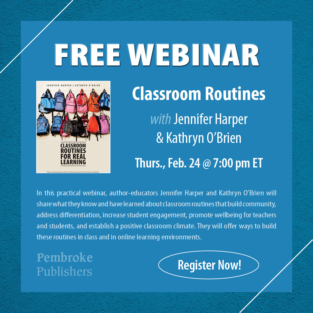 PembrokePublish's tweet photo. Register today for our next FREE #webinar! Explore the ins &amp; outs of classroom routines that really work, in class &amp; online, with author-educators @learning_teach &amp; @keoinclass. Sign up here: https://t.co/3ZtcqsVrWU
#edchat #profdev #onlinelearning #ClassroomRoutines #edutwitter https://t.co/zb01CqjpeQ