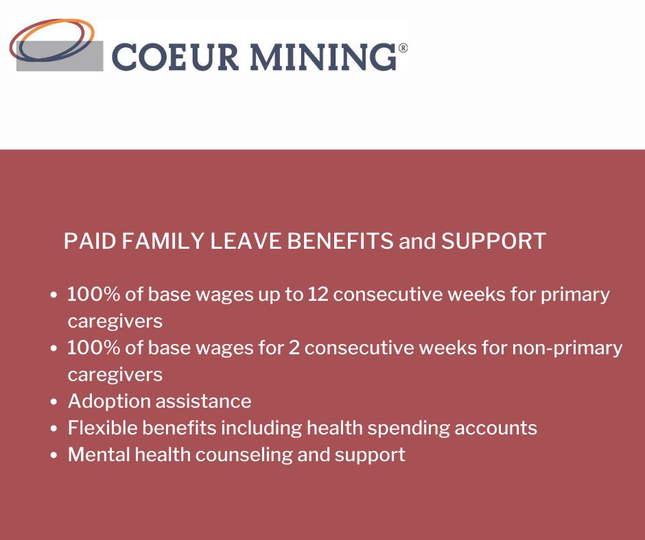 Coeur Mining (@coeurmining) on Twitter photo The health and wellbeing of our employees is our priority, from our safe operations to supporting our team members through life changes - like starting or growing their families! We offer paid family leave to support eligible employees before, during and after their time off. The health and wellbeing of our employees is our priority, from our safe operations to supporting our team members through life changes - like starting or growing their families! We offer paid family leave to support eligible employees before, during and after their time off.