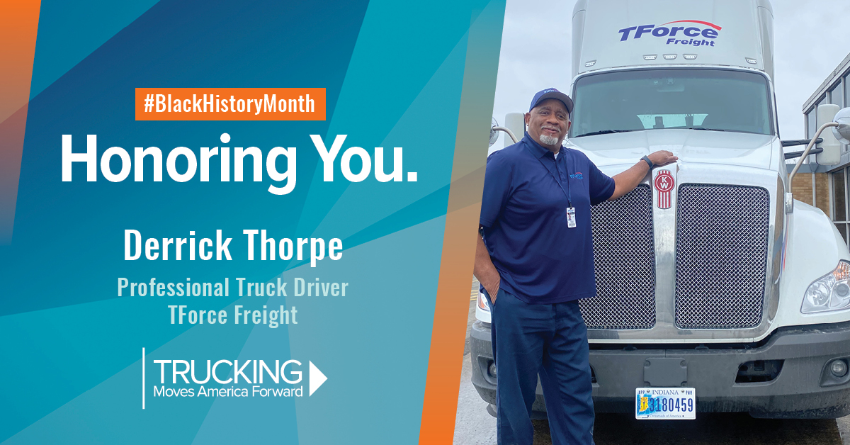 NW_Trucking's tweet photo. With 16 years of driving under his belt & 1.6 million accident-free miles, we honor Derrick Thorpe as one of our #BlackHistoryMonth leaders. Read about his late start to trucking after serving in the military & in elected office on our blog: https://t.co/Hv5HYpNurd #TForceFreight https://t.co/P8ryfhR7p8