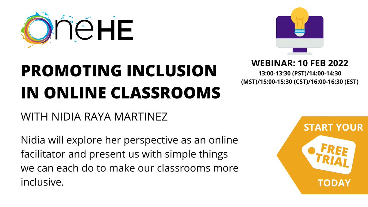 oneheglobal's tweet photo. JLOOKING for insights on making your class more inclusive? Our 'Show &amp; Share' webinars are for #OneHE members &amp; you can join us on Feb 10 for Nidia Martinez's session on 'Promoting #Inclusion in Online Classrooms' - start a free trial &amp; register now 👍😀  https://t.co/N2zTdkjH6Y https://t.co/N8SJTvbv20
