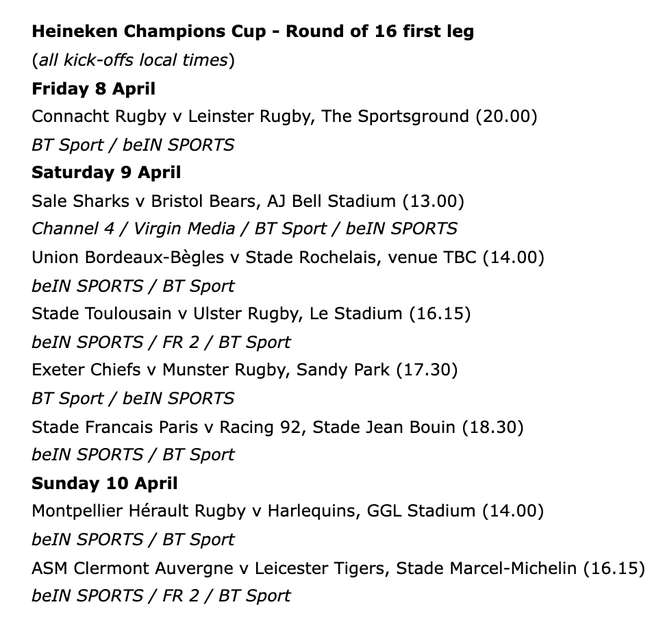 Murray_Kinsella's tweet photo. Dates and times confirmed for the Heineken Champions Cup round-of-16 games: https://t.co/qfIE06zt8J