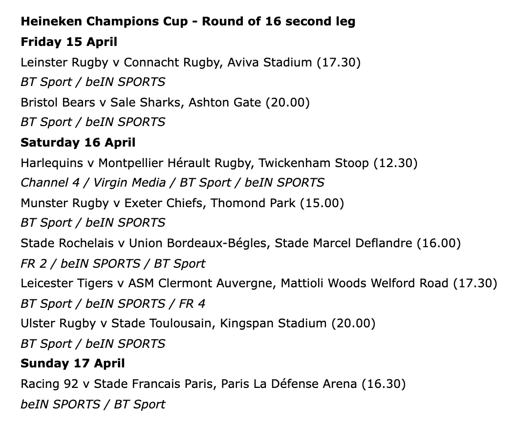 Murray_Kinsella's tweet photo. Dates and times confirmed for the Heineken Champions Cup round-of-16 games: https://t.co/qfIE06zt8J