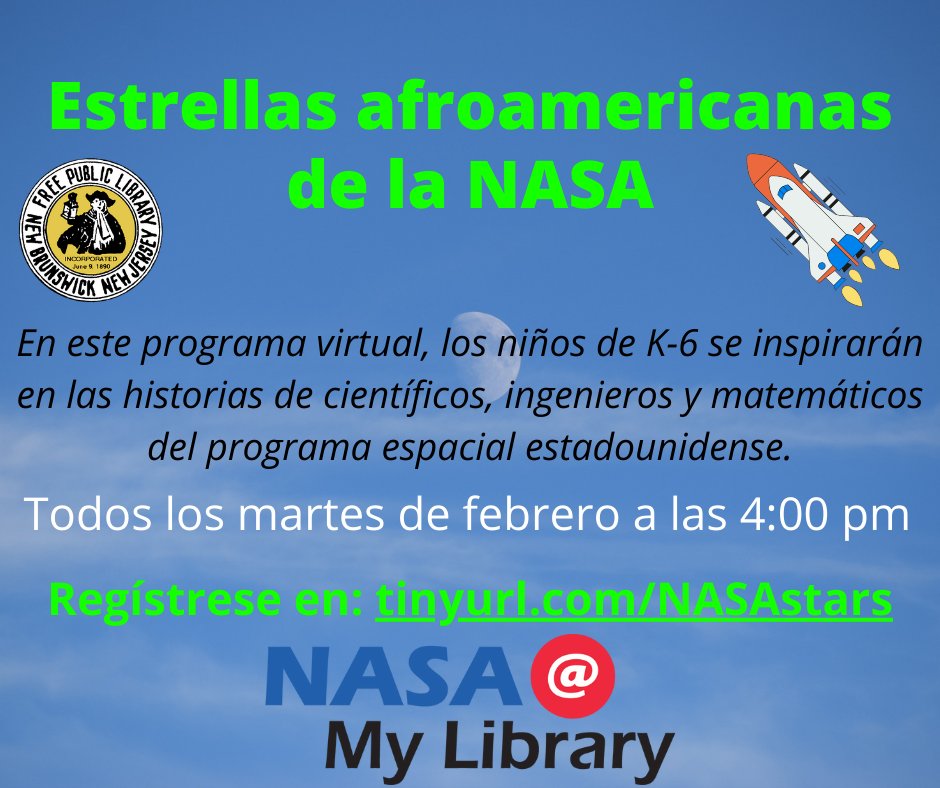 NBFPLNJ's tweet photo. Our African American Stars of NASA program continues, this afternoon and the next two Tuesdays! Register at https://t.co/GESuppfG2f (if you haven't already).
#VirtualProgram #LibraryProgram #NJlibraries #NASAatMyLibrary #STEMinLib https://t.co/DuQswryVWU