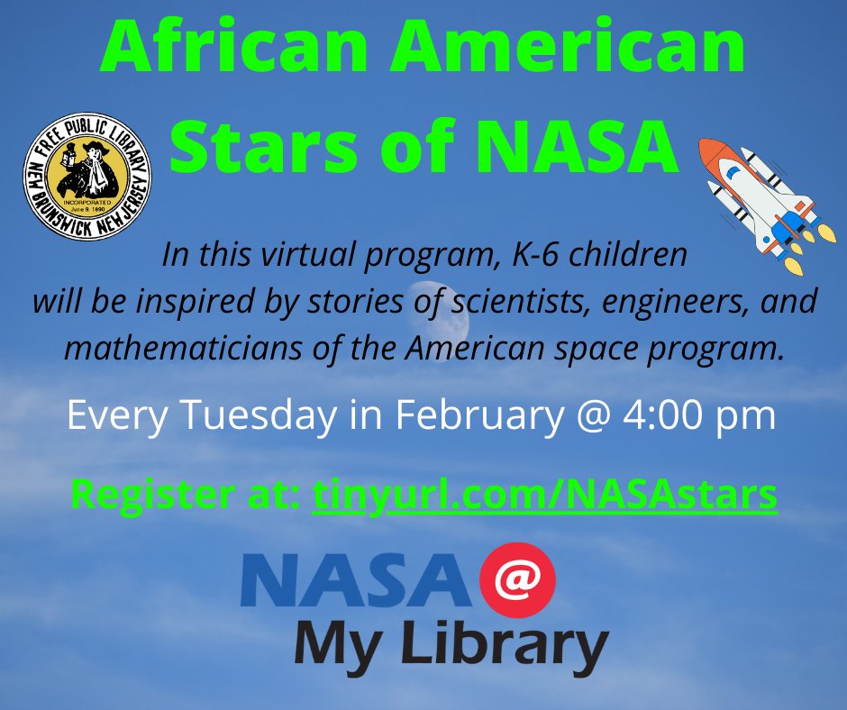 NBFPLNJ's tweet photo. Our African American Stars of NASA program continues, this afternoon and the next two Tuesdays! Register at https://t.co/GESuppfG2f (if you haven't already).
#VirtualProgram #LibraryProgram #NJlibraries #NASAatMyLibrary #STEMinLib https://t.co/DuQswryVWU