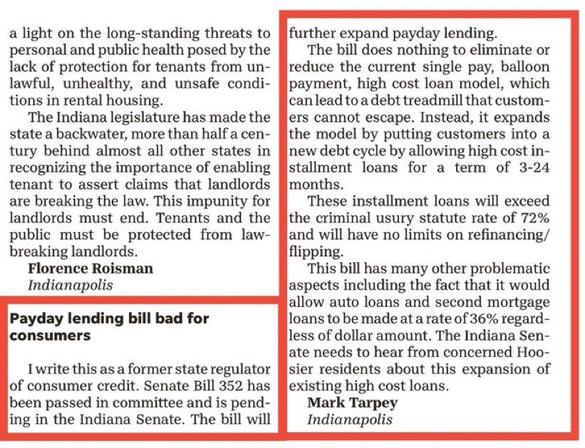 ICYMI, longtime former state regulator of consumer credit Mark Tarpey writes in @indystar that SB352 will 'lead to a debt treadmill that customers cannot escape'. The bill narrowly passed the #INLegis Senate and is awaiting a committee assignment and hearing date in the House.