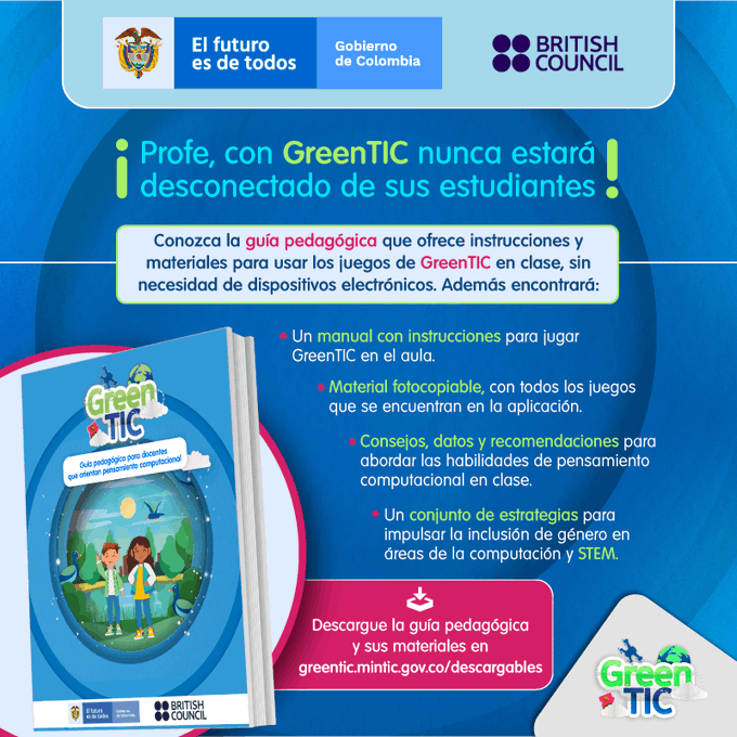PTA_Colombia's tweet photo. Invitamos a los docentes a conocer la guía pedagógica que ofrece instrucciones y materiales para usar los juegos de #GreenTIC en clase, sin necesidad de dispositivos electrónicos 👉 https://t.co/5NNADoVMVo https://t.co/Nj9nbs1bVW