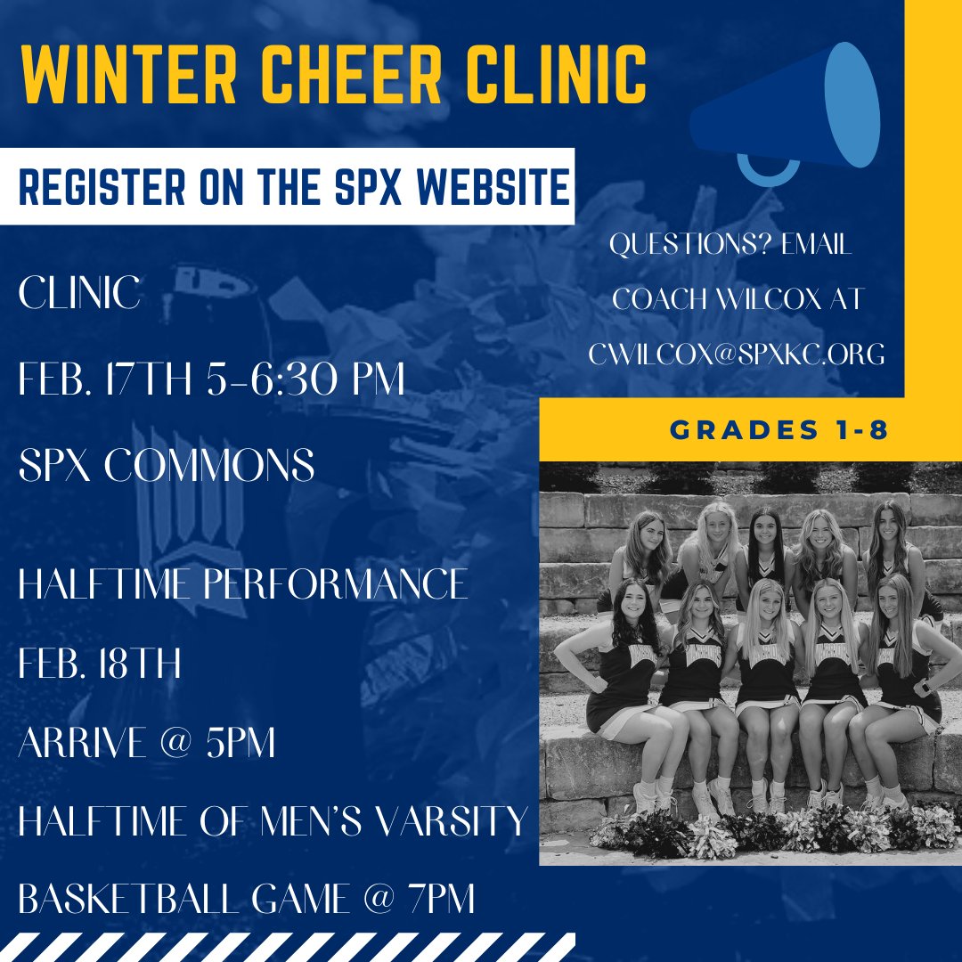 stpiusxhskc's tweet image. Hey future Warrior Cheerleaders! Join us for our Winter Cheer Clinic!  Open to Grades 1-8--hurry registration ends 02.15.2022!  GO WARRIORS!  spxkc.org/spx-cheer-clin…