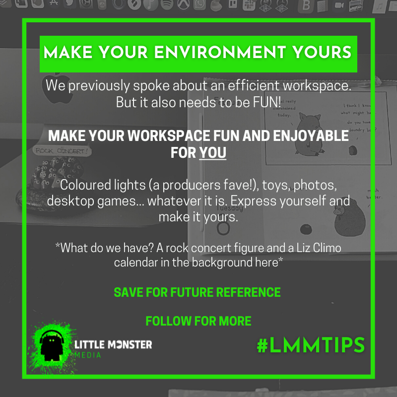 LilMonsterMedia's tweet photo. Express yourself! You've made your workspace efficient... now make it YOURS.
#radioimaging #audioproduction #podcaster #sounddesign #soundfx #soundeffects #commercialaudio #voiceover #radioproduction #workspace #mentalhealth #organisationtips #lmmtips https://t.co/Qcj51L23Z7