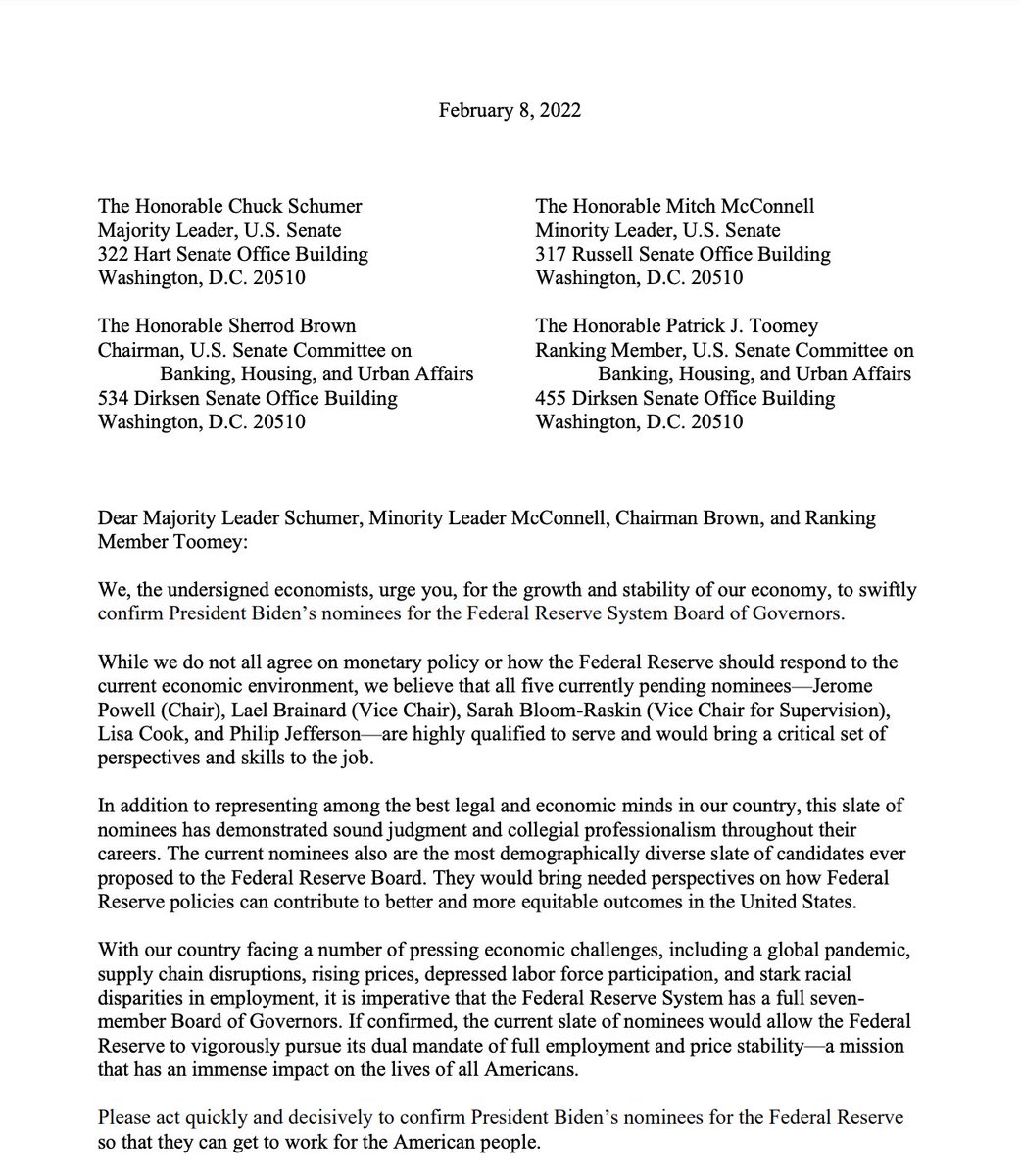 Economist letter in support of President Biden's nominees for the Federal Reserve System Board of Governors