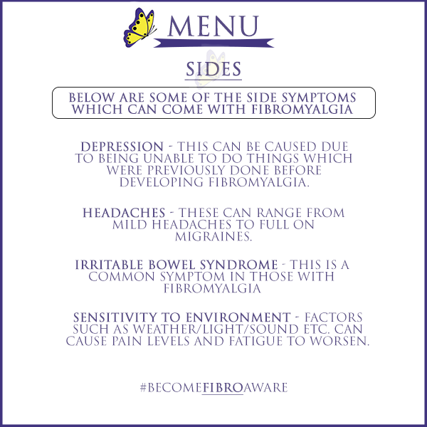 Our fibromyalgia menu highlights some of the symptoms and effects of the condition. 

These graphics use an alternative way to highlight what fibromyalgia can mean for people. #BecomeFibroAware.