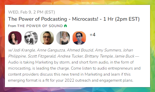 JodiKrangle's tweet photo. Interested in podcasting? Coming up in the Power of Sound Clubhouse this week (tomorrow @ 2pm EST!), we're talking Podcasting MICROCASTS. Short form content is on the rise! How can you use it?
#podcasting #microcasts #marketingcontent #audiobranding
https://t.co/yoZYLbs1Kl https://t.co/FNpSlcueaS