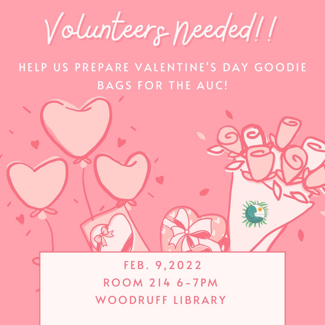 Roses are red, Violets are blue help us prepare goodies for your potential V-Day boo’s !!! Feb. 9th we will be in Woodruff Library from 6-7 PM putting together goodie bags for the AUC. We want to make everyone feel special with Valentine’s Day approaching soon.💗💗💗
