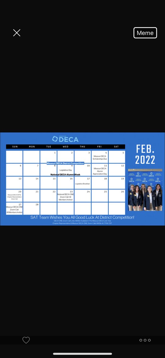 MODECA_Franki's tweet photo. Good Morning Missouri DECA !! Happy competition season ! 

It’s been super busy and overwhelming at times in the last few weeks ! 

Here is a calendar to keep in check over the next few weeks !🔷💙💛 https://t.co/B7dThh8TK1