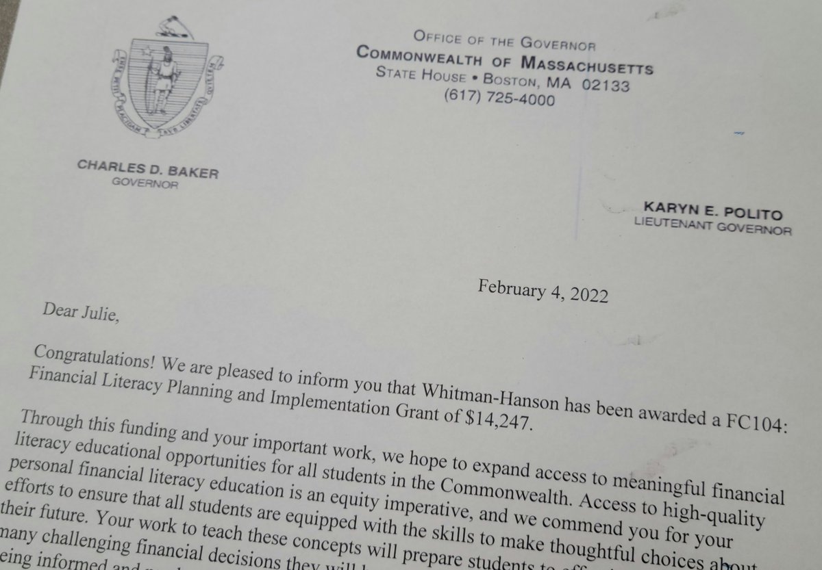 Whitman-Hanson has been awarded a Mass state grant for        $14,247 which I wrote to be used for Financial Literacy/Investing class endeavors! <a href="/WH_Super/">Jeff Szymaniak</a> <a href="/DrCSJones/">Christopher Jones</a> <a href="/WHRHSGuidance/">WHRHS School Counseling</a> #whpantherpride