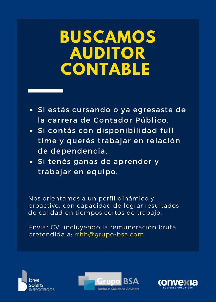 Grupo_BSA's tweet photo. Estamos buscando AUDITOR CONTABLE!
¡Envianos tu CV a rrhh@grupo-bsa.com indicando remuneración bruta pretendida y empezá a proyectar tu futuro profesional!
Disponibilidad Full Time - CABA (zona Retiro)
#empleo #busquedadeempleo https://t.co/b7TA3Xaufi