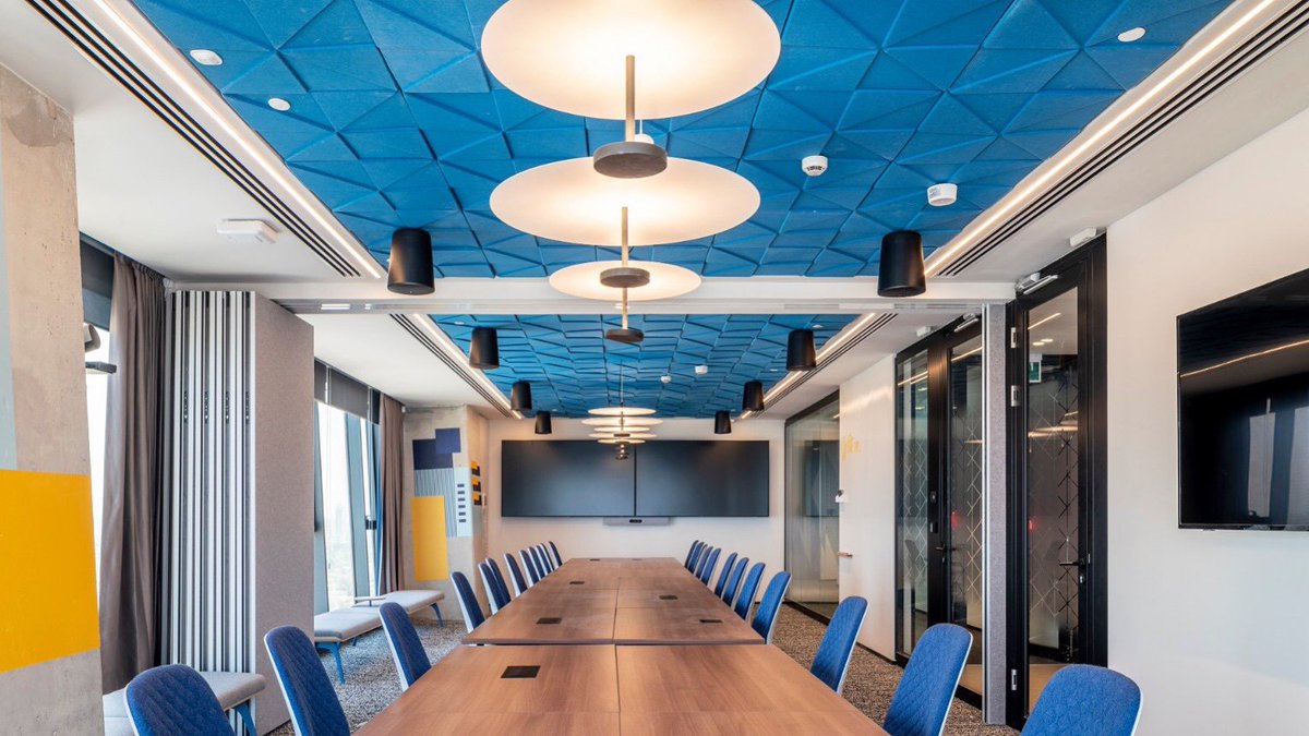 Soundtect's tweet photo. #SurfaceDesignShow2022 starts this evening!  There’s still time to Register-https://t.co/XlUdaki35r &amp; come &amp; see us #Soundtect 8-10th Feb at The BDC, London. #stand170. 💫We have new ranges to show you…🤩 We’ll still have our 3D collection on show too. 
#prism ceiling shown here https://t.co/K1MIShygAI