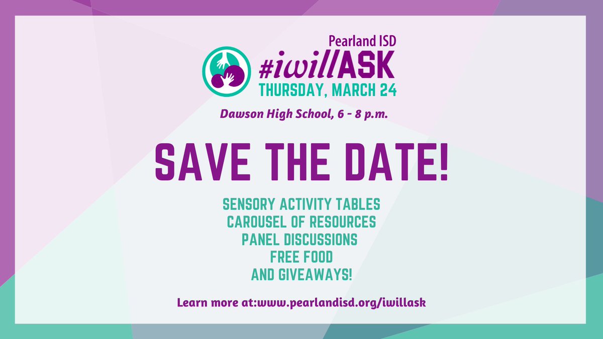 PearlandISD's tweet photo. Join us to learn more and raise awareness about suicide prevention, mental health and personal well-being at the 2022 #iwillASK event on Thursday, March 24. Event is open to high school and junior high students, parents, staff and community. Learn more: https://t.co/Jyw2Vf1lCO https://t.co/zAR5onQwAU