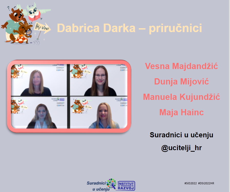 ucitelji_hr's tweet photo. Vesna Majdandžić, Dunja Mijović, Manuela Kujundžić i Maja Hainc autorice priručnika Dabrica Darka otkrivaju što priručnici sadrže i kome su namijenjeni. #Google i @ucitelji_hr #DSI2022HR #SID2022  https://t.co/P9JJ3WS8Td https://t.co/IT0CII3NCz