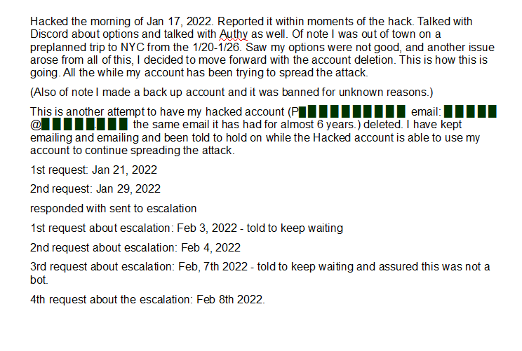 Pharewings_'s tweet photo. As everyone knows my @discord account was hacked on January 17th.  Here is the current time line of this frustrating event that still seeks resolution. https://t.co/fAcmfszkXg