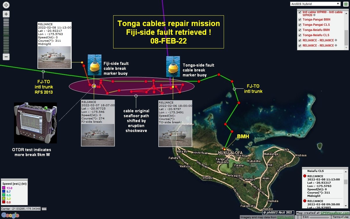 philBE2's tweet photo. @SubCableWorld @SubComLLC @tonga_comm @DigicelTO @ConnectStHelena 08FEB22 (2) 🇹🇴Tonga communications disruption
🇲🇭🚢CS Reliance recovered FJ-side cable tail-end fault break
≈20km W off TO-side break
Recent OTDR tests on 🇹🇴〰️🇫🇯 intl trunk indicate further breaks occurred Westwards
@SubcomLLC @Tonga_comm @DigicelTO @ConnectStHelena #TongaCable https://t.co/fm5MhzDBs7