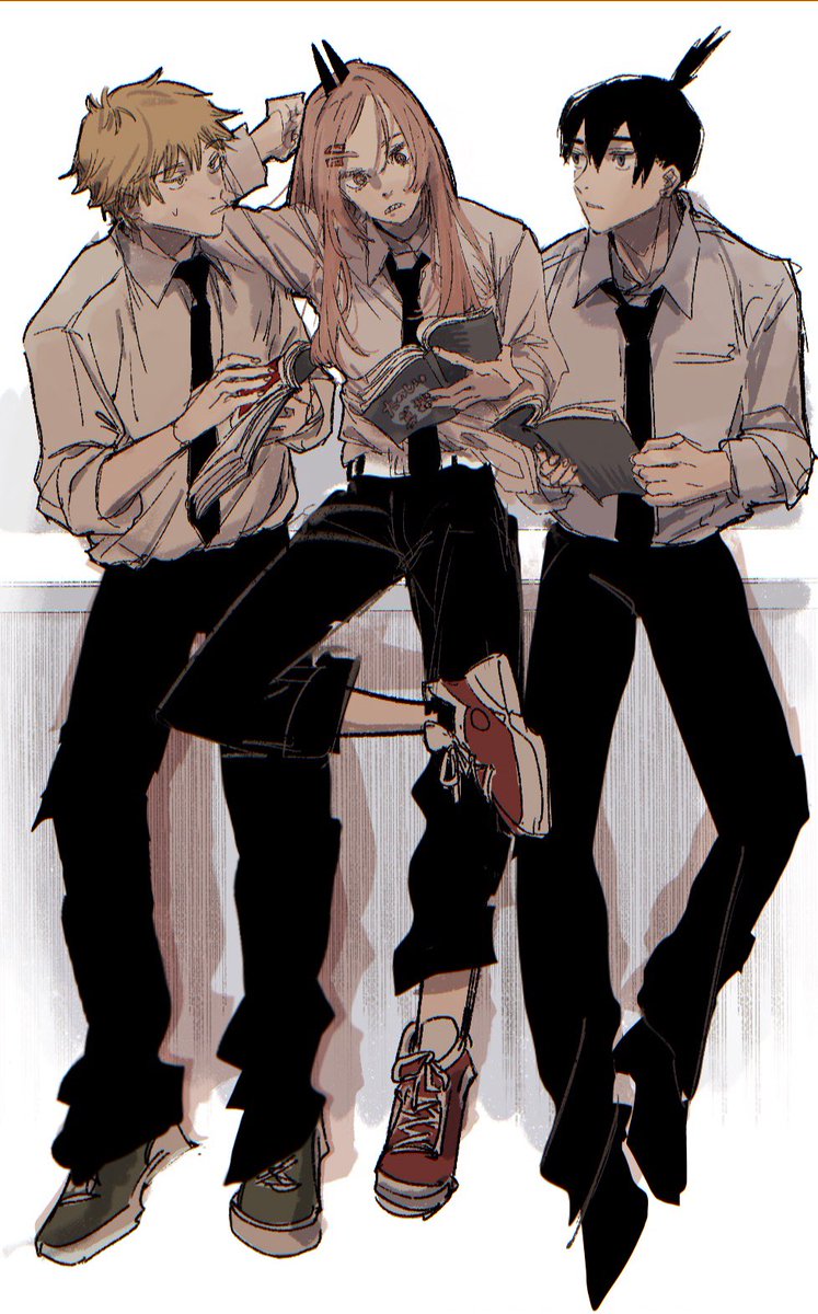denji (chainsaw man) ,hayakawa aki ,power (chainsaw man) 1girl multiple boys 2boys necktie blonde hair shirt horns  illustration images
