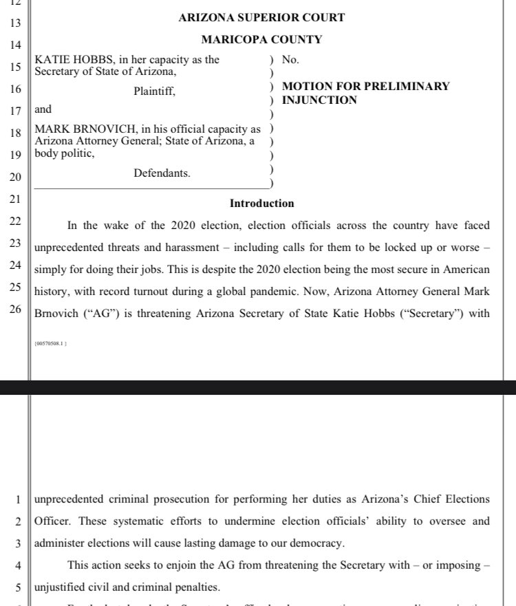 GovernorHobbs's tweet photo. The day before Donald Trump was scheduled to visit Arizona three weeks ago, @GeneralBrnovich threatened to charge me with a crime for simply doing my job. 

Now, I’m taking him to court. https://t.co/ULWsZc8qRV