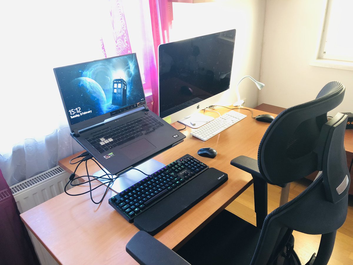 RomanNoob's tweet photo. Otherwise I am going to use #uvigear #pride opto-mech keyboard and #uvidesk laptop stand with my work #asus #strix G713… hanging out with #apple #imac27 🤣… I can imagine my source code travelling through space and time with #tardis 😎 https://t.co/1aiI4EaVtf