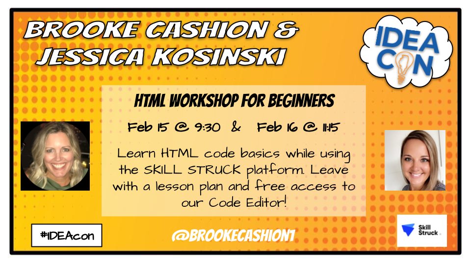 Excited to be presenting at IDEAcon next week with my colleague <a href="/kosinskijess/">Jessica Kosinski</a>!  Join us for a hands on HTML workshop and see how Skill Struck is blazing trails in the CS space! #IDEAcon #skillstruck