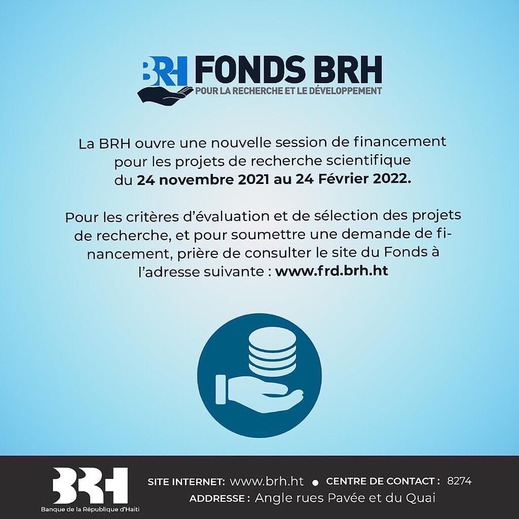 BRHHaiti's tweet photo. 📢 Rappel:
La fermeture de la 3ème période de soumission des demandes de financement pour des projets de recherche au Fonds BRH pour la Recherche et le Développement, ouverte depuis novembre 2021, est fixée au 24 février 2022.

Pour en savoir plus👉🏾: https://t.co/L1ubGmvCAE https://t.co/DOsRmpUn1h