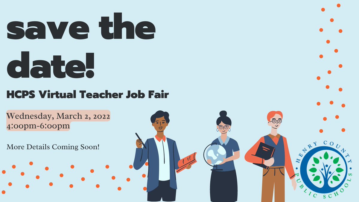 hcps_vahr's tweet photo. SAVE THE DATE!!

Join us for our Virtual Teacher Job Fair on Wednesday, March 2, 2022 from 4pm-6pm. 

Be sure to check back for more details and a link to register! https://t.co/xBEJMxtqoW
