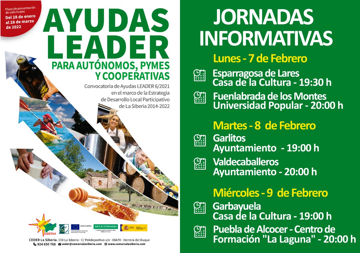 CederLaSiberia's tweet photo. ℹ️Jornadas informativas Ayudas Leader.
Hoy os esperamos en⤵️

➡ 𝐆𝐚𝐫𝐥𝐢𝐭𝐨𝐬 (Ayuntamiento) a las 19h
➡ 𝐕𝐚𝐥𝐝𝐞𝐜𝐚𝐛𝐚𝐥𝐥𝐞𝐫𝐨𝐬 (Ayuntamiento) a las 20.00h

¡Os esperamos! https://t.co/tmkGHI2L36