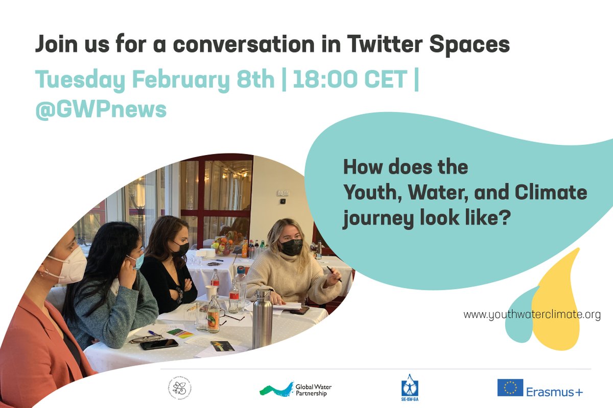 GWPnews's tweet photo. How does the #Youth, #Water and #Climate journey look like? 🌍💧🌎

Let's find out together with GWP's @riannagonzales, @InternSecrWater's Elysa Vaillancourt, and two energetic young professionals @Amnay_ME &amp; @mia_const.

18 hours CET today, come along!👇

https://t.co/hl8SNQS9ij https://t.co/orLLVh9rlY