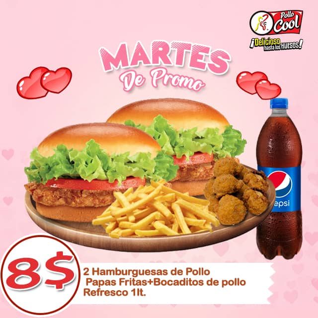 Como todos los martes, hoy te traemos tu Promoción en 2X1 Burger para que disfrutes al máximo de nuestras deliciosas hamburguesas de pollo con Papas Fritas, bocaditos de Pollo Crispy y una refrescante bebida Pepsi.
¡Delicioso Hasta los Huesos!