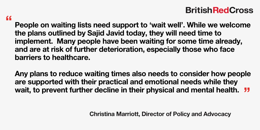 RedCrossPolicy's tweet photo. Director of Policy and Advocacy @chrismarriott6 details the British Red Cross response to the NHS recovery plan announced by @sajidjavid and @DHSCgovuk today, outlining the need for holistic support to help people #WaitWell https://t.co/WMunV0dXpZ