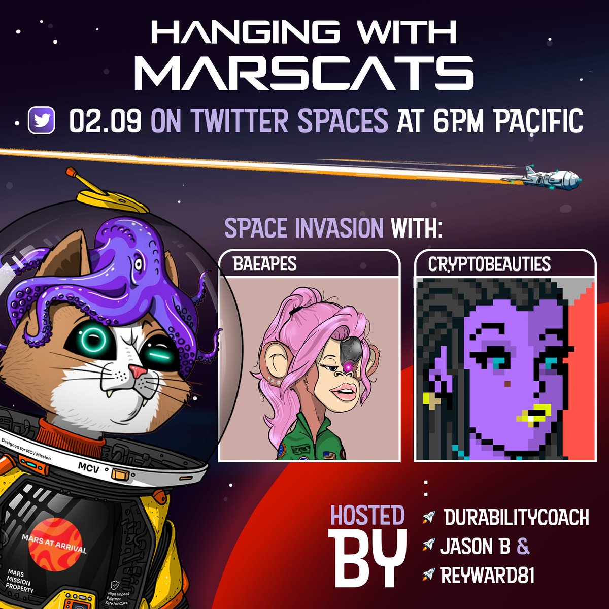 Come hangout with <a href="/MarsCatsVoyage/">Mars Cats Voyage</a> this Wednesday at 6PM PST on Twitter Spaces!

🚀 Space Invasion with: <a href="/CryptoBeauties/">Bitcoin Beauties ❤️ MINTING NOW</a> &amp; <a href="/BaeApes/">Bae Apes</a> 

🎤 Hosted by our community members @coach_beks <a href="/ReyWard81/">Rey Ward</a> and <a href="/ClassicsCrypto/">Jay B 😻🚀</a> 

Graphic credit: <a href="/biggunn01/">Wesley BLM Gunn 🏝️⚔️🔫</a> 

#HangingWithMCV #MCV #NFT
