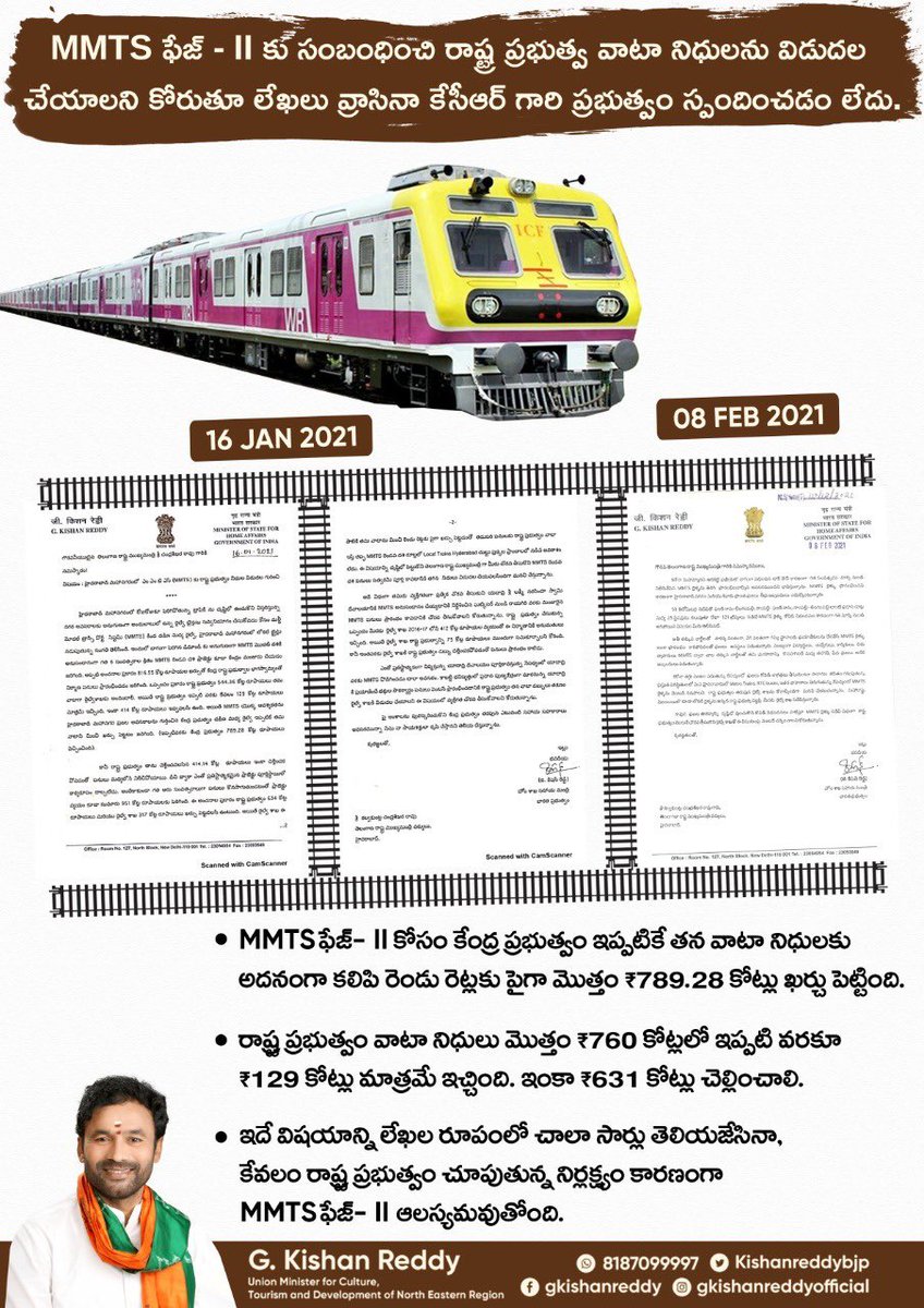 kishanreddybjp's tweet photo. హైదరాబాద్ లోని సాధారణ ప్రజల రైలు బండిగా పిలుచుకునే MMTS రైలు ఫేజ్ - II పనులకు సంబంధించి రాష్ట్ర ప్రభుత్వ వాటా నిధులను విడుదల చేయాలని కోరుతూ ఎన్ని సార్లు లేఖలు వ్రాసినా కేసీఆర్ గారి ప్రభుత్వం స్పందించడం లేదు. https://t.co/LRWmt6KNAp
