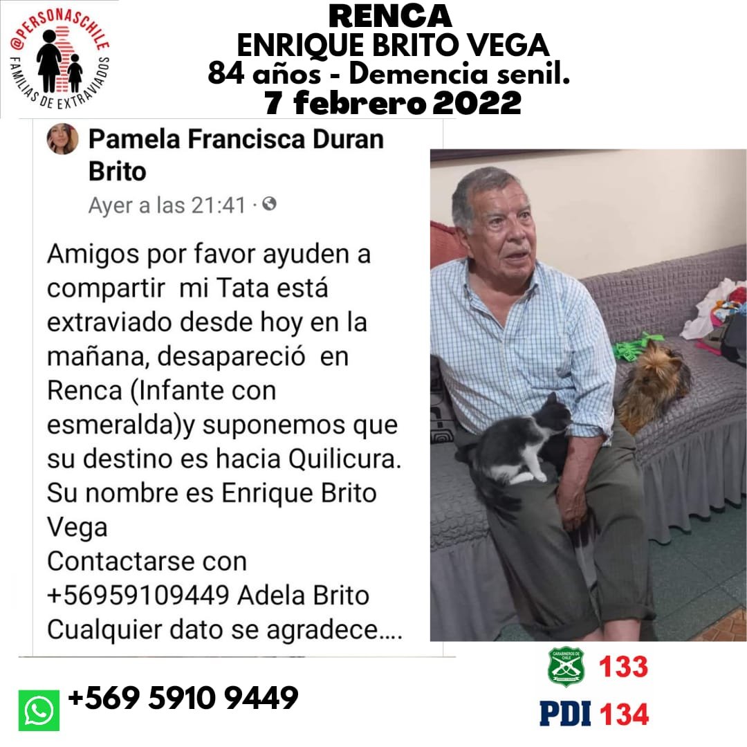 🚨ALERTA RENCA🚨👉#MISSINGPERSONS
BUSCAN COMUNA DE RENCA DON ENRIQUE BRITO 84 AÑOS TIENE DEMENCIA SENIL ATENTOS! 
<a href="/Muni_Renca/">Municipalidad Renca</a> <a href="/cavilesb/">Camila Avilés Barraza</a>