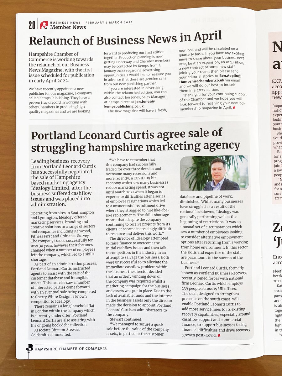 PortBFS's tweet photo. IN THE PRESS: #Hampshire based marketing agency sale negotiated and agreed by Portland Leonard Curtis.

#UKbusiness #BusinessRecovery #Administration #Cashflow

Article featured in @HantsChamber Business News https://t.co/ZUu0FnayKC