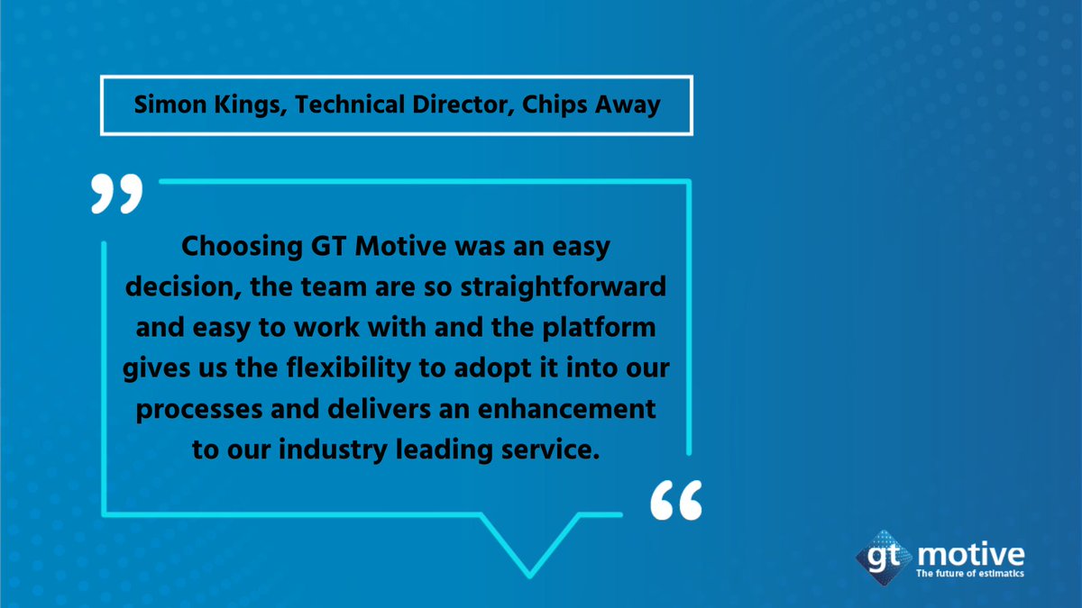 gtmotiveuk's tweet photo. For Simon at @ChipsAwayUK working with us was a no brainer...
Make easy decisions, choose GT Motive.

#testimonial #claimstechnology #estimatics #estimation #motorclaims https://t.co/GbZ7J2FD3X