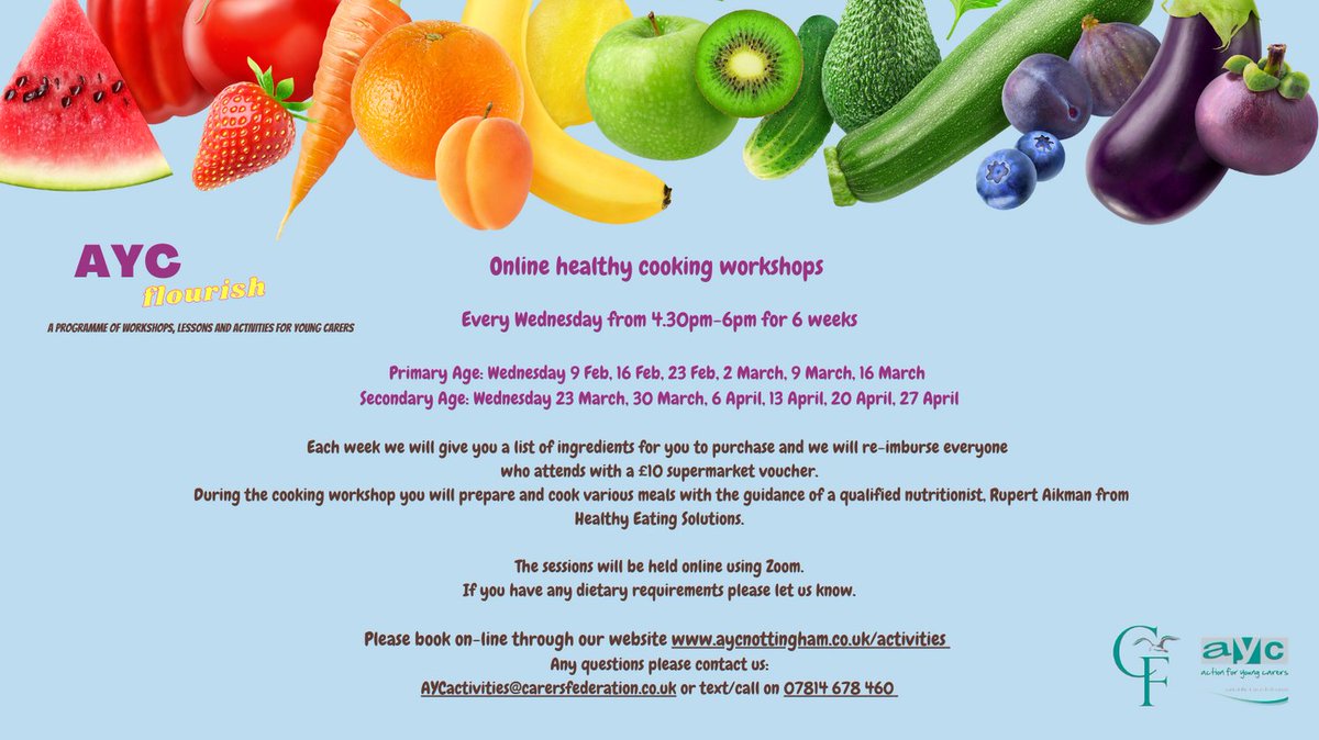 We still have spaces open for our #onlinecooking workshops for young carers. 

Please book on-line through our website aycnottingham.co.uk/activities  
Any questions please contact us:
AYCactivities@carersfederation.co.uk or text/call on 07814 678 460