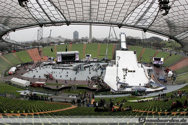 Eine Sprungschanze aus Schnee steht im leeren Olympiastadion in München