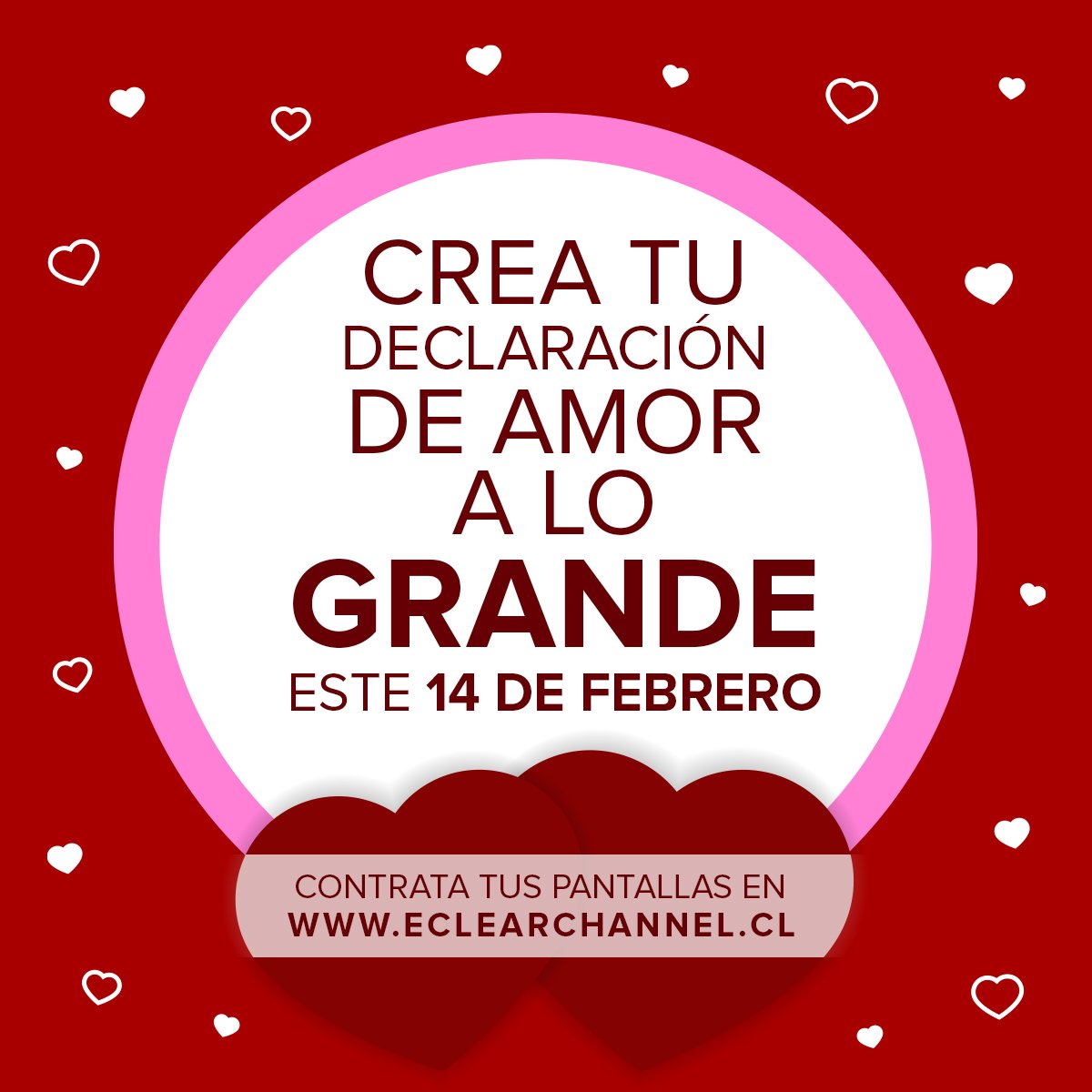 ¡¡Queda una semana para el 14 de febrero!!❤ ❤
Publica un saludo en cualquiera de nuestras pantallas de Clear Channel para declarar tu amor este Día de los Enamorados. eclearchannel.cl