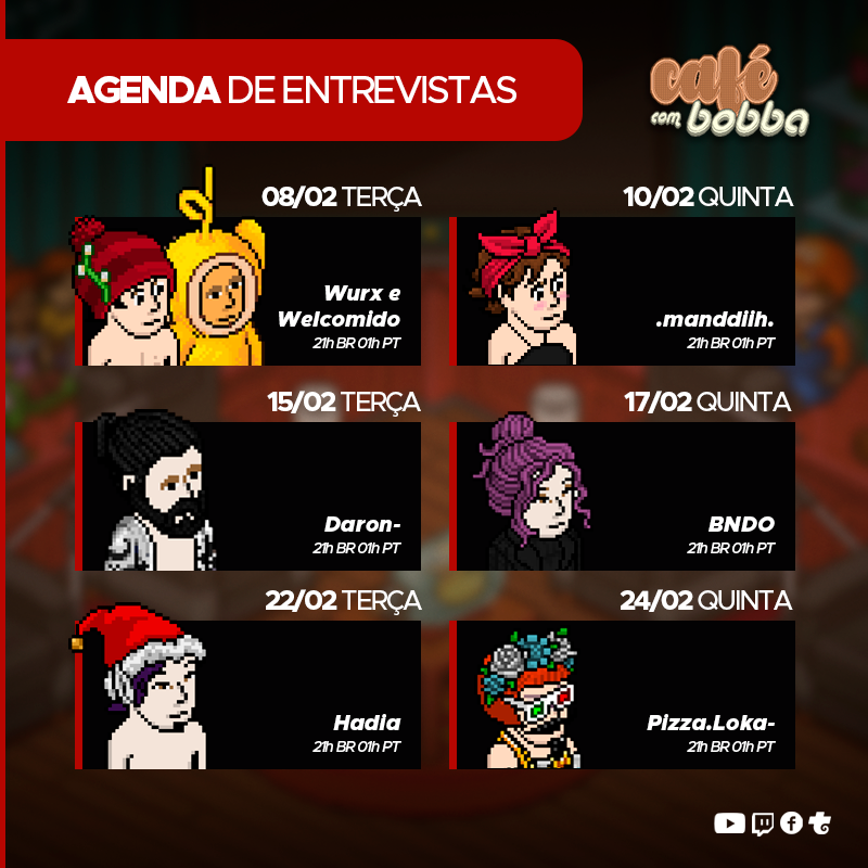 CafecomBobba's tweet photo. Segue a programação dos próximos episódios do Café com Bobba. https://t.co/wrQL9NW3sR