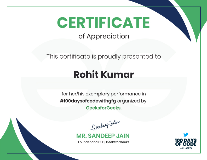 RohitKumar_200's tweet photo. Thanks, @geeksforgeeks for the appreciation and rewards. 🥳🥳🥳🥳
Thanks for organizing this event. It helped me in maintaining my consistency. I am still continuing the streak (#Day143).
#100daysofcodewithGFG #100DaysOfCode https://t.co/isoK53OboO