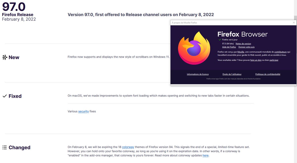 MozillaZineFr's tweet photo. La 100ᵉ version majeure de Firefox est sortie ; notes de version https://t.co/sFiUbPb1Ks bulletin de sécurité (impact élevé) https://t.co/r0pQVYjapt et page What’s new https://t.co/0XSFeOI3Ft #JourDeSorties #100e #Firefox97 https://t.co/cnhECsQRNl