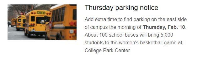 UTAMAVPark's tweet photo. Parking Alert:  The women's bb team will play at 11:30 AM Thursday.  5,000 school kids will arrive on 100 buses to watch the game. Drop off begins at 9:30am and pick up begins at 12:30pm.  Expect restricted access near the CPC throughout the day. Bus parking will be in LOT 50S. https://t.co/OR9iQE2Kxg