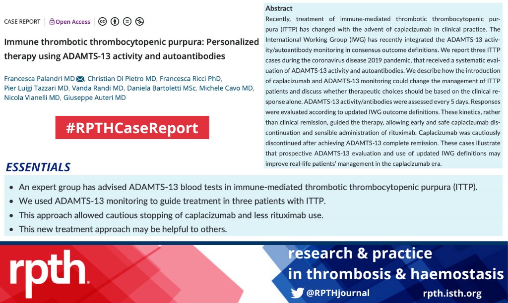 RPTHjournal's tweet photo. Definitions of treatment response in patients with immune-mediated thrombotic thrombocytopenic purpura do not account for newer anti-VWF therapies. This #RPTHCaseReport shows how physicians use ADAMTS-13 activity measurements to guide therapy. IMPORTANT: https://t.co/62ZtvsD1Ha https://t.co/wQYUL4UDaa