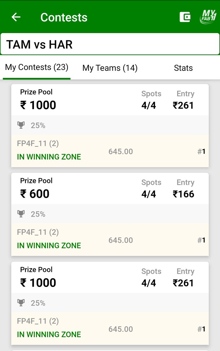 SportsStatsFree's tweet photo. Super Ultra Clean Sweep with SAME TEAM of TELEGRAM at MyFab11 in Today's Kabaddi Match. Congratulations to Our Fantasy Prediction For Free YouTube Channel and Telegram Channel Regular Members. #MyFab11 #FantasyPredictionForFee #WonSL #WonMiniGL https://t.co/059vgdhy0i