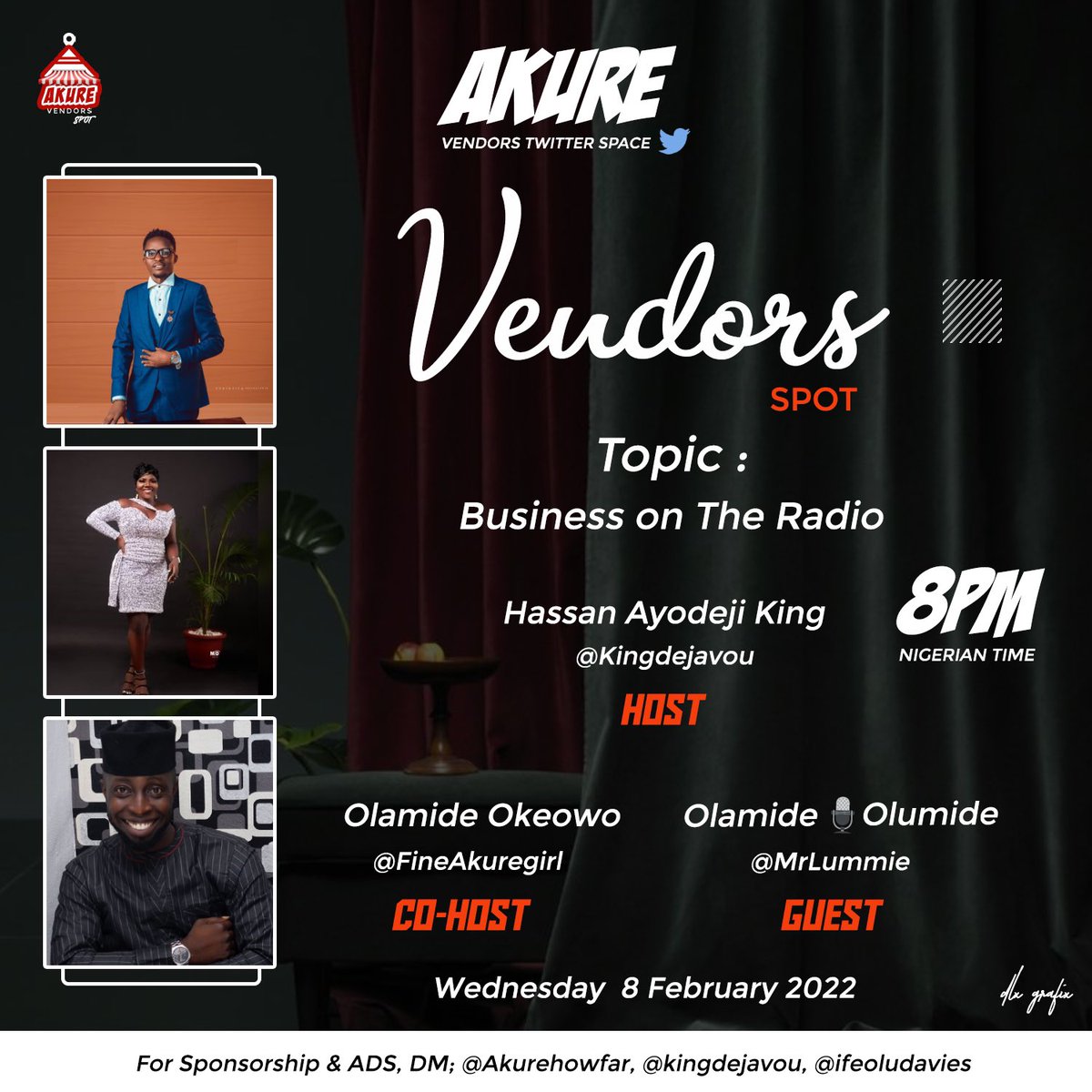O’Ye Vendors, Vendors' Spot is here again, this time, with one of our finest OAPs <a href="/MrLummie/">Olamide Olumide ✨💿🎙️</a> 

Topic:- Business on the Radio

Time:- 8:00pm Wednesday 
Venue:-Twitter Space

Tag Vendors that you know, let’s all learn together

Join👇🏻
x.com/i/spaces/1lDxL…

#AkureBusinessCommunity